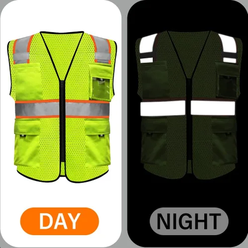 Vista 4 de HYCOPROT Chalecos de seguridad reflectantes de malla de alta visibilidad con bolsillos y cremallera, cumple con las normas ANSI/ISEA