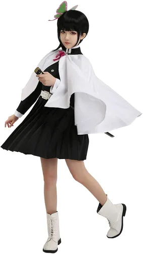 Vista 2 de miccostumes Vestido de uniforme con falda negra para mujer vestido de uniforme con capa Negro
