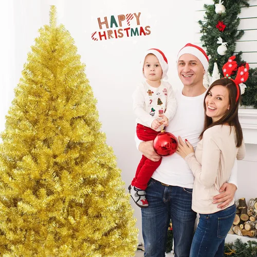 Vista 9 de DREAMADE Árbol de Navidad de oropel dorado, pino artificial de 6 pies sin encender con 1036 ramas completas, soporte de metal, diseño con bisagras