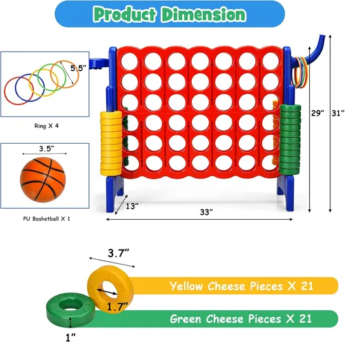 Vista 6 de COSTWAY Juego gigante gigante de 4 a puntuación para niños y adultos, juego de 2.5 pies para interiores y exteriores con aro de baloncesto, juego