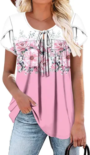 Vista 12 de BETTE BOUTIK Blusas de verano para mujer, plisadas, de manga corta, con cordón, cuello redondo, tallas S-3XL