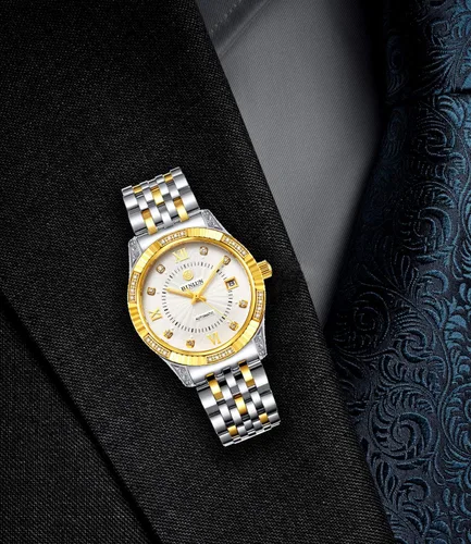 Vista 6 de BINLUN Reloj mecánico automático de oro para hombre, correa de cuerda automática respetuosa con la piel, chapado en oro de 18 quilates, relojes