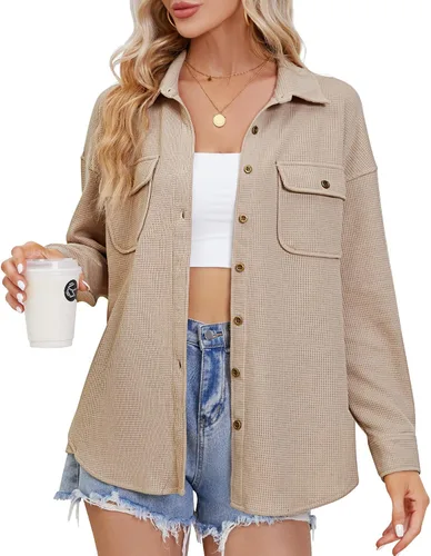 Vista 2 de Fengbay Chaqueta de punto gofre para mujer, casual, manga larga, con botones, blusas elegantes