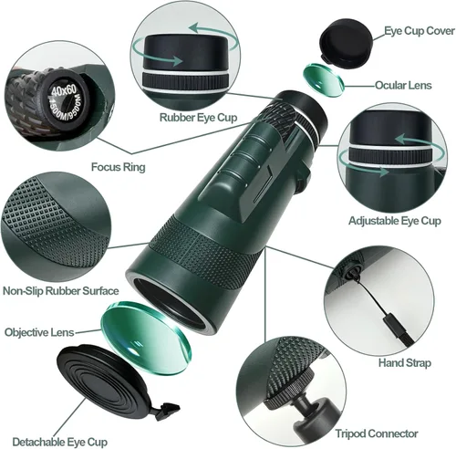 Vista 2 de BIBIRE Telescopio monocular 40x60 para adultos de alta potencia con Green
