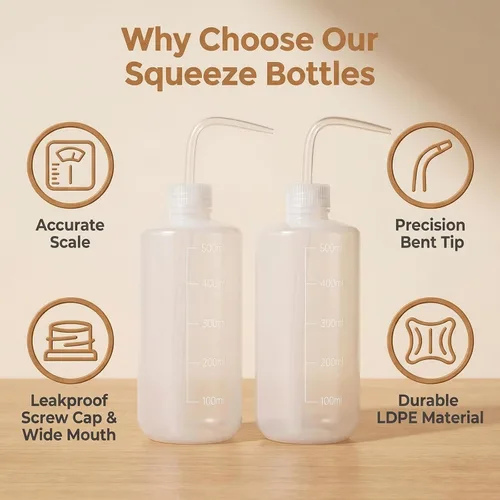 Vista 2 de 2 botellas de plástico blanco translúcido de 16.9 fl oz de 17.6 onzas líquidas con recipiente de medición graduado, boquilla de punta curvada
