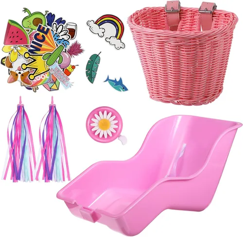 Vista 9 de Aurelema Asiento de bicicleta de muñeca con 30 calcomanías de calcomanías, cesta de bicicleta para niños, manillar de bicicleta, cintas coloridas