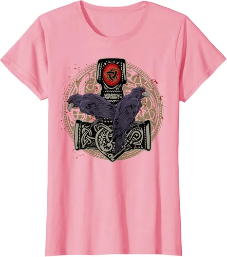 Vista 14 de Thors Hammer Mjolnir Huginn and Muninn Odin Raven - Camiseta, Negro, S