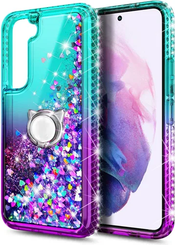 Vista 3 de NZND Funda diseñada para Samsung Galaxy S21 FE 5G con protector de pantalla de vidrio templado, soporte para anillo/correa de muñeca, líquido que