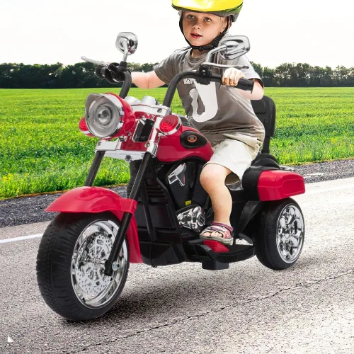 Vista 5 de Freddo Motocicleta de juguete, triciclo de motocicleta de 6 V con luces LED, bocinas hacia adelante/marcha atrás, 2 opciones de velocidad, juguetes