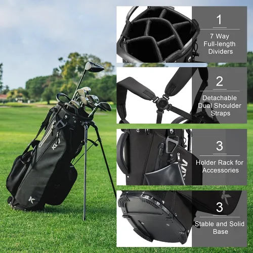 Vista 3 de KVV Bolsa de golf ligera con soporte con divisores de longitud completa de 7 vías, 5 bolsillos con cremallera, correas dobles ajustables