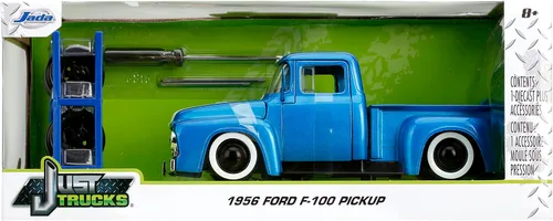 Vista 7 de Jada Just Trucks 1:24 1956 Ford F-100 - Coche fundido a presión con rayas azules y blancas con estante para neumáticos, juguetes para niños y adultos