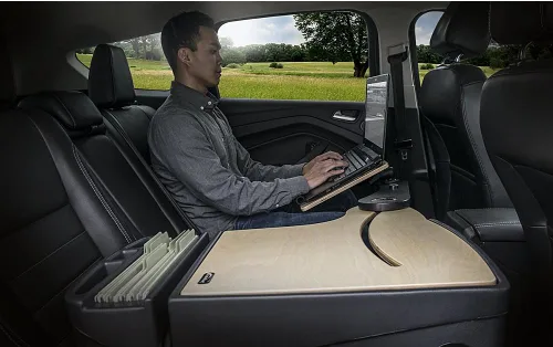 Vista 2 de AutoExec AUE18030 AutoExec AUE18030 - Escritorio de alcance para asiento trasero de automóvil, acabado de abedul con soporte para teléfono y soporte