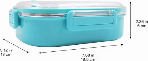 Vista 6 de Finex Caja Bento reutilizable azul de acero inoxidable con 2 compartimentos para alimentos con tapa transparente y cuchara - Princesa