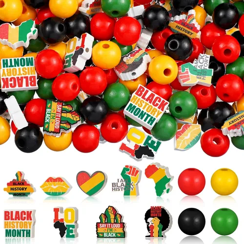 Vista 15 de Fabbay Juneteenth - 200 cuentas de madera de color negro, rojo, verde, amarillo, 1865, adornos de madera del Día de la Libertad con cuerda de cáñamo