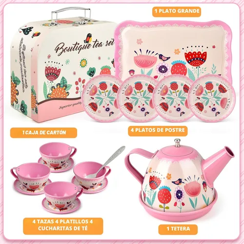 Vista 3 de Juego de fiesta de té para niñas pequeñas, juegos de té de flores, juguetes para niñas de 3, 4, 5, 6 años, juguetes de cocina para niños pequeños
