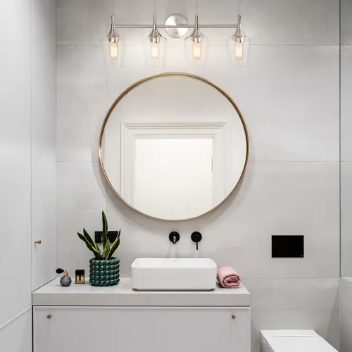 Vista 2 de Edvivi Lámpara de tocador de baño de 4 luces, níquel cepillado moderno con pantalla de vidrio transparente, lámpara de pared para espejos, cepillado
