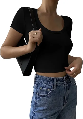 Vista 5 de Y2K - Camisetas cortas para mujer, de verano, sexy, lindas, de algodón, acanaladas, recortadas, camisetas básicas