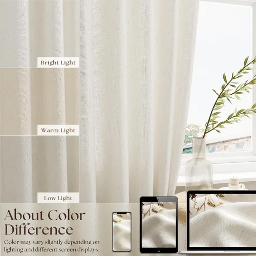 Vista 3 de Cortinas de cocina de lino semitransparente beige de 24 pulgadas de largo, 2 paneles Cream, Cafe Short Curtains, for Bathroom Small Windows, Light