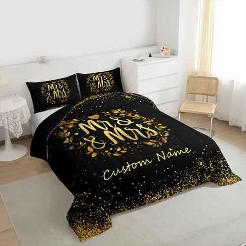 Vista 6 de Juego de ropa de cama personalizado con lentejuelas negras y doradas, tamaño individual, edredón de corazón dorado con purpurina para mujeres