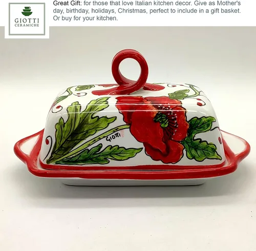 Vista 3 de Mantequillera de cerámica italiana con tapa Diseño de amapolas rojas - Mantequilla pintada a mano de 8 x 5 pies - Hecho en Italia Toscana - Soporte