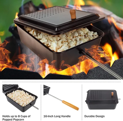 Vista 4 de Palomitas de Campamento - Fabricante de Palomitas de Estilo Antiguo con Acabado Antiadherente y Mango Extendido - Equipo de Cocina de Fogata