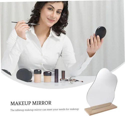 Vista 3 de Espejo de maquillaje de escritorio irregular con soporte, espejo de tocador plateado estético para mujer, diseño compacto con función de aumento
