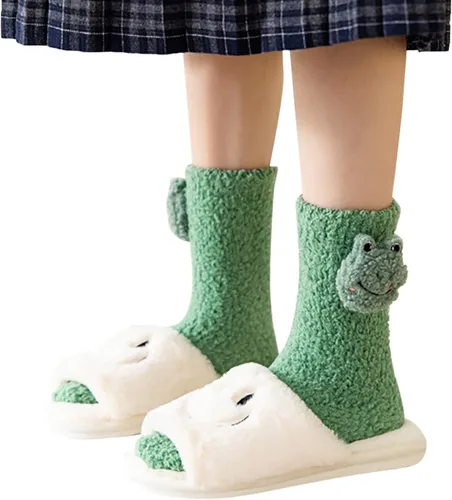 Vista 2 de Calcetines mullidos para mujer, calcetines de felpa de rana 3D, acogedores, suaves, esponjosos, lindos animales, calcetines para dormir, calcetines