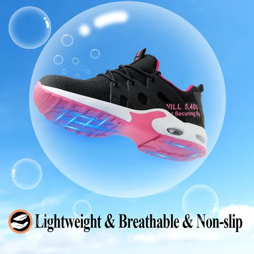 Vista 4 de LANSNBO Zapatos de punta de acero para mujer, zapatos de trabajo de seguridad indestructibles, con amortiguación de aire, ligeros, transpirables