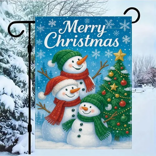 Vista 2 de Bandera de jardín de Navidad ActFirst de 12 x 18 pulgadas, bandera de muñeco de nieve de familia de Navidad Feliz con árbol, pequeña decoración
