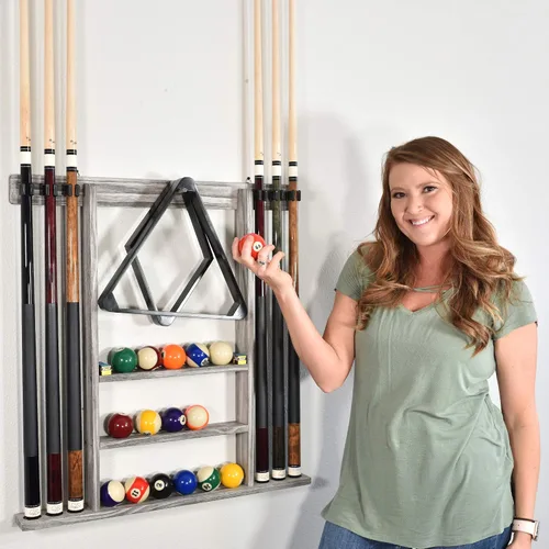 Vista 8 de Pool Cue Rack - Pool Stick Holder Wall Mount With 16 Ball Holders & 6 Pack Of Chalk - Rubber Circle Pads & Large Clips Prevent Damage - Billiard