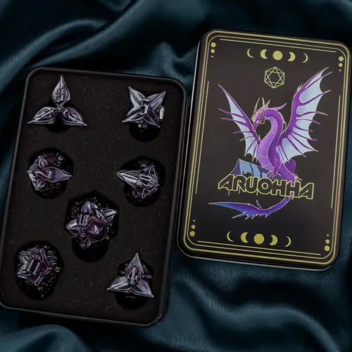 Vista 7 de ARUOHHA juego de dados de metal DND diseño de hoja púrpura, juego de dados poliédricos con caja, 7 piezas de dados D y D para juegos de rol RPG D20