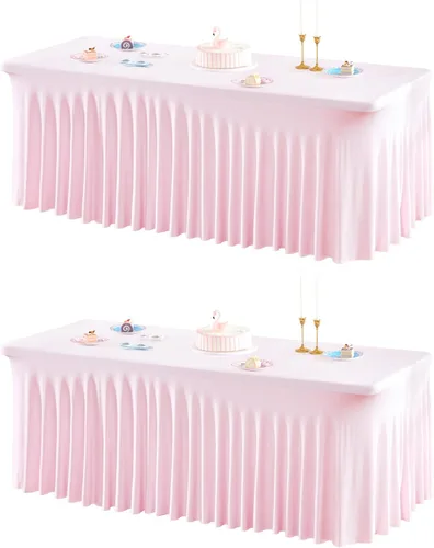 Vista 27 de Paquete de 2 manteles color azul bebé para mesa rectangular de 4 pies, manteles de elastano elásticos de 4 pies, falda blanca rectangular para baby