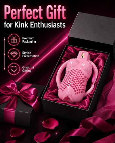 Vista 6 de Chastity Cage for Men, 3D Printed Female Bust Design Cage Penis (Pink, S) Premium Gift Box Packaging; Set Includes Cage, 3 Invisible Locks, 2