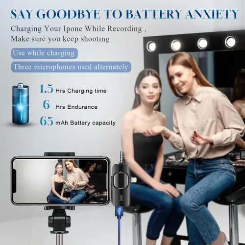 Vista 5 de Micrófono Lavalier inalámbrico 3 en 1 para iPhone, iPad, Android, cámara, batería de 12 horas, mini micrófono de grabación con reducción de ruido