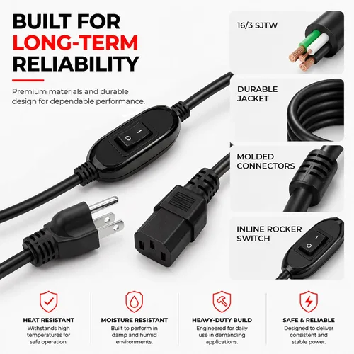 Vista 5 de Cable de alimentación NEMA 5-15P a IEC C13 de 10 pies con interruptor basculante, 16/3 SJTW, 13 amperios 125 voltios, computadora, monitor