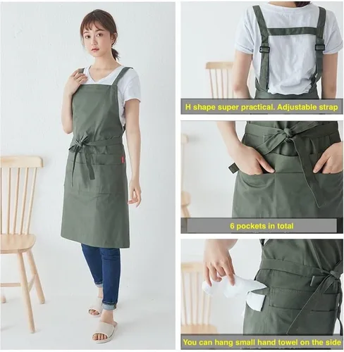 Vista 4 de Jeelow Delantal de cocina de algodón o sarga de algodón para hombres y mujeres, ajustable con bolsillos ajustables