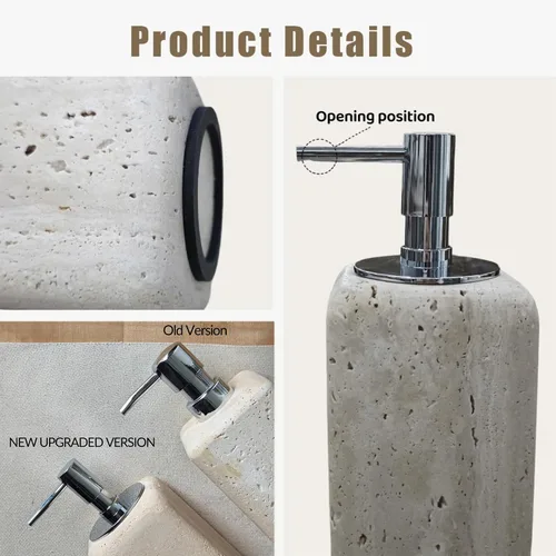 Vista 8 de Dispensador de jabón de travertino, accesorios de baño, dispensador de loción de piedra cuadrada orgánica natural prémium con bomba de metal