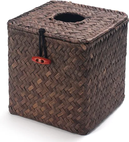 Vista 2 de Cubierta de caja de pañuelos cuadrada de Seagrass tejido para servilletas decorativa para baño estilo granja (café, 14 x 14 x 14 cm)