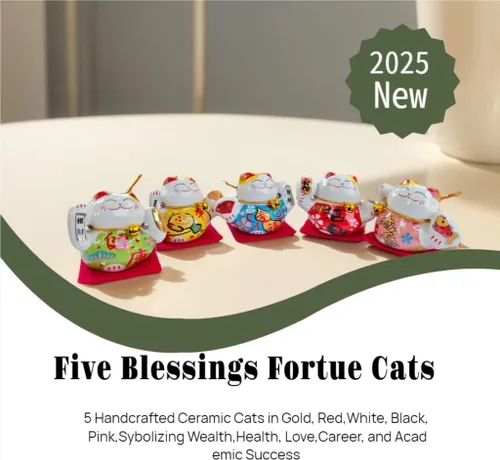Vista 2 de Estatua de Gato de la Suerte, Conjunto de Figurillas de Cerámica China, 5 Gatos Mini de la Fortuna, Conjunto de Decoración, Pequeño Adorno