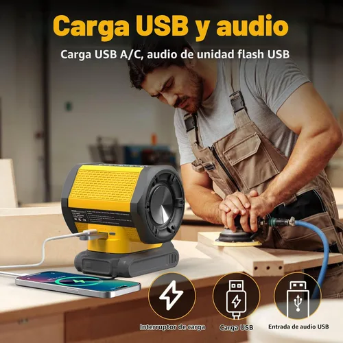 Vista 6 de Altavoz Bluetooth apto para batería DeWALT 20v Max Carga USB-A/C para fiesta de camping en el lugar de trabajo (batería no incluida)