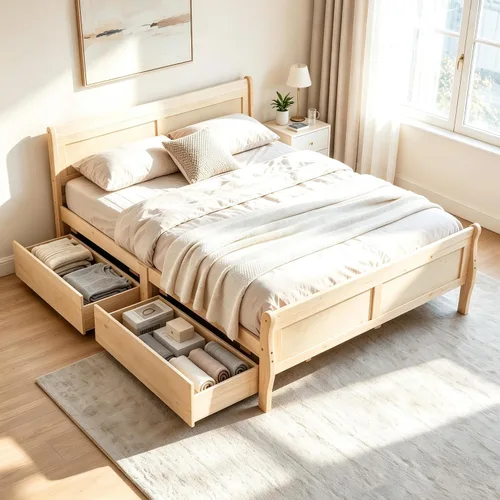 Vista 10 de KOMFOTT Cama individual con 2 cajones, cama de almacenamiento individual con cabecera y estribo, marco de cama de madera de trineo con soporte