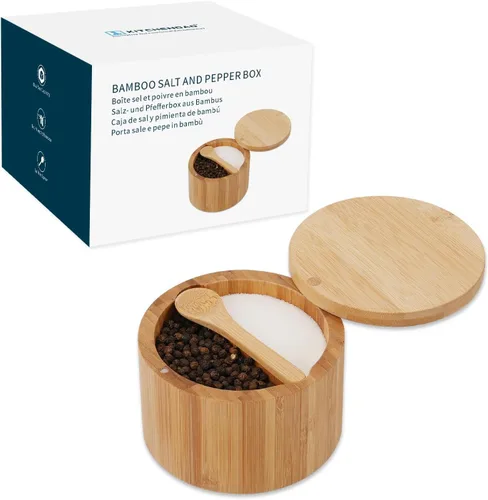 Vista 8 de KITCHENDAO Caja de Tazón de Sal y Pimienta de Madera de Acacia, Cuchara Incorporada, Contenedor de Condimentos de Especias de Dos Compartimentos