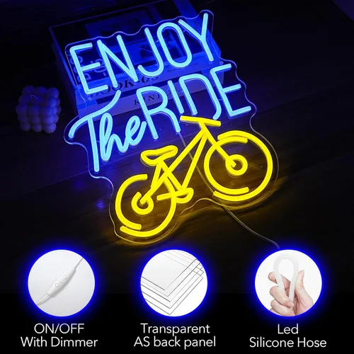 Vista 3 de Letrero de neón con texto en inglés "Enjoy The Ride", letrero de neón para gimnasio, luz de neón motivacional, para hacer ejercicio, bicicleta
