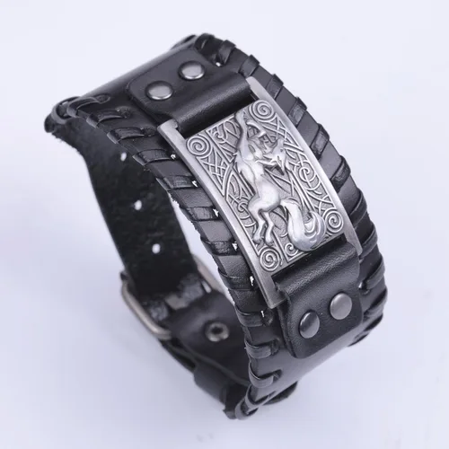 Vista 2 de Viking Fox Celtic Knot Irish Cuff Pulseras anchas de cuero punk joyería ajustable (negro y plata antigua), Cuero