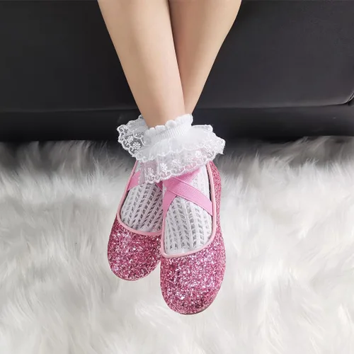 Vista 3 de YIBLBOX Zapatos planos de ballet con purpurina para niña, bailarina, Mary Jane, princesa, vestido de boda, zapatos de vestir brillantes