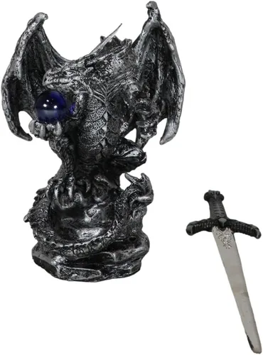 Vista 6 de Ebros Gift Dragón blindado de plata legendario sosteniendo orbe azul y espada draconiana abrecartas escultura escultura decorativa para el hogar