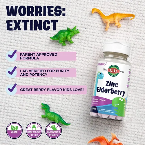 Vista 5 de KAL Dinosaurios de saúco de zinc para niños, suplemento de apoyo inmunológico* para niños con bayas de saúco Sambucus, bayas mixtas de disolución