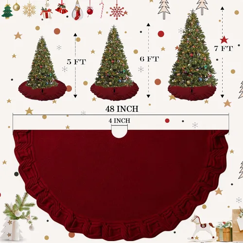 Vista 5 de yuboo Falda de árbol de Navidad roja de 48 pulgadas de punto, falda de árbol de Navidad burdeos, falda de árbol de Navidad trenzada de punto grueso