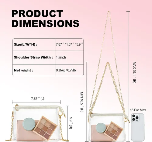 Vista 5 de Bolso transparente para mujer, aprobado para estadios, con cremalleras, para conciertos, eventos deportivos, festivales (blanco)