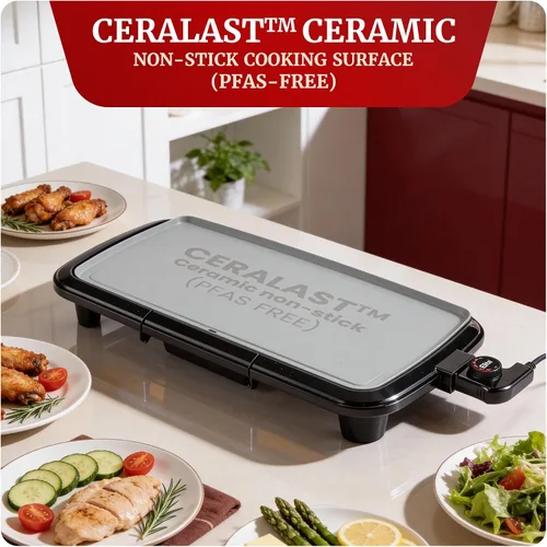 Vista 5 de Elite Gourmet Plancha eléctrica de 10 x 20 pulgadas, superficie antiadherente Ceralast™ de cerámica grande sin PFAS, asas de tacto frío, termostato